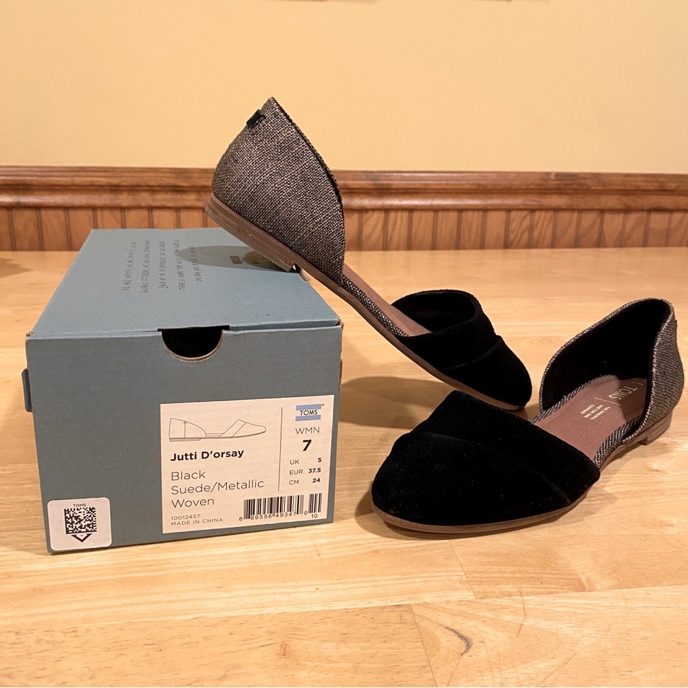 Toms Jutti D’orsay black woven suede-metallic flats